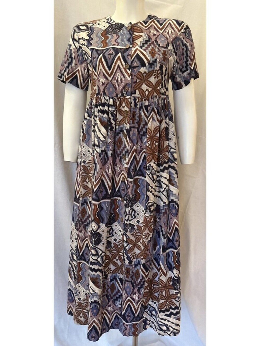 VTG 90s Hilo Hattie Batik Tribal Muted Pastel Rayon Midi Babydoll Dress SZ XS